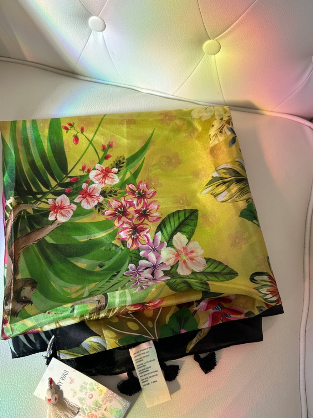 Johnny Was Amorina 100 Silk Scarf Tropical Floral Scarf-Yellow with Pink & Green - Picture 13 of 14